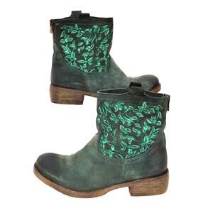 Sundance Floral Embroidered Ankle Boots Leather Green Womens Size EU 36 US 5.5